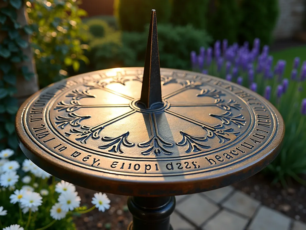 Elegant Pet Memorial Garden Sundial - A close-up view of an ornate bronze sundial in a peaceful garden setting at golden hour. The sundial features delicate pet paw prints etched around its circumference and personalized text reading 'Forever in our hearts - Max 2010-2023'. Surrounded by a circular bed of blooming forget-me-nots and white mini roses. Soft dappled sunlight filters through nearby Japanese maple branches, casting gentle shadows across the weathered bronze surface. Small stone pathways radiate outward from the sundial like sun rays, bordered by lavender plants whose purple blooms sway gently in the breeze. The entire scene is nestled within a quiet corner of a landscaped backyard garden, with a natural stone wall providing a backdrop, partially covered in climbing ivy.