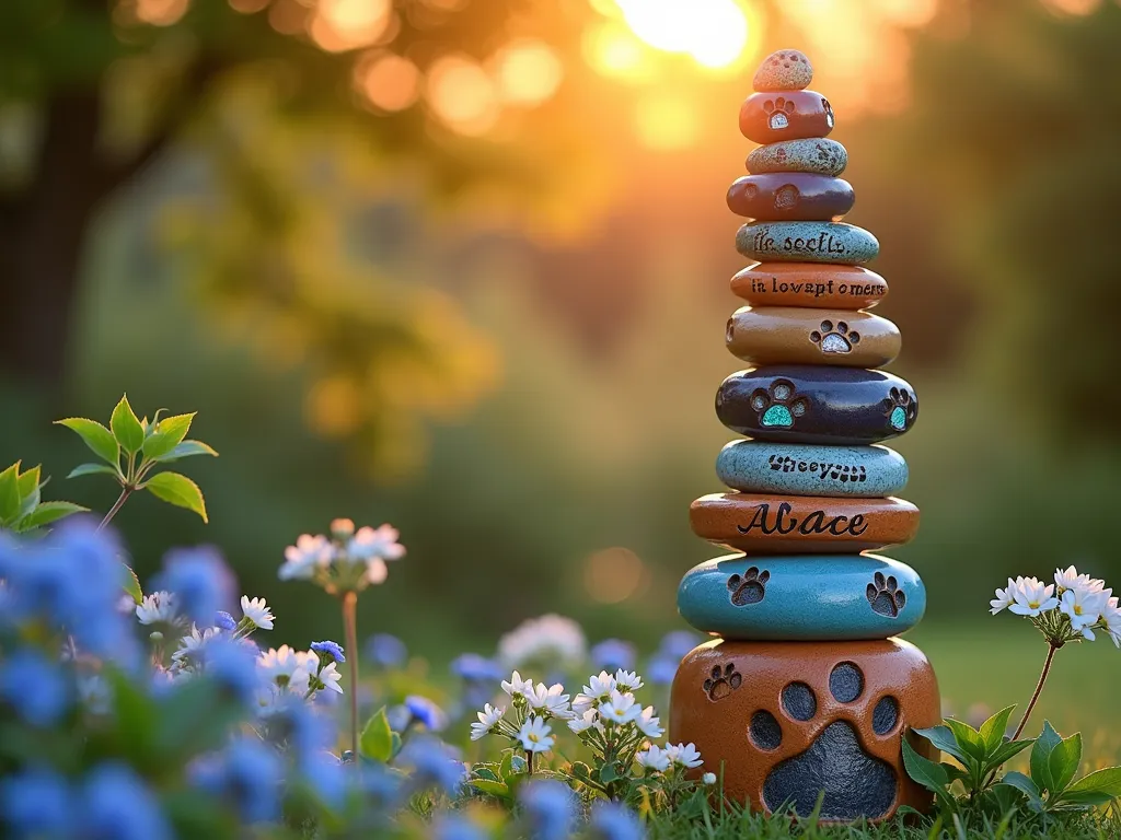 Pet Memorial Garden Totem at Sunset - A close-up shot of a stunning 5-foot garden totem pole set against a warm sunset background in a peaceful garden corner. The totem features stacked ceramic pieces in earthy blues and terra cotta, decorated with delicate paw prints and a beloved pet's name carved in flowing script. Surrounding the base are blooming forget-me-nots and white garden phlox, creating a soft, ethereal atmosphere. Golden hour sunlight filters through nearby Japanese maple leaves, casting dappled shadows on the handcrafted memorial. The artistic totem incorporates small mosaic elements showing a dog chasing butterflies and playing with a ball, captured in vibrant glass pieces. Shot with shallow depth of field to highlight the intricate details while maintaining the dreamy garden backdrop.