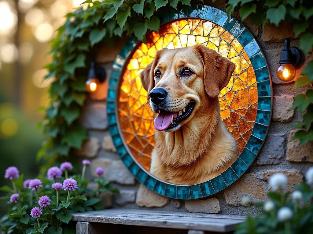 Sunset Pet Portrait Mosaic Garden Wall - A close-up view of a stunning mosaic portrait of a golden retriever crafted from iridescent glass tiles in warm amber, honey, and copper tones, mounted on a weathered stone garden wall. The mosaic is surrounded by climbing jasmine vines and captures the golden hour sunlight, creating a magical shimmer across the piece. Small solar lights are tastefully positioned to illuminate the memorial at dusk. The artistic portrait shows remarkable detail in the dog's eyes and features, while a decorative border of blue and turquoise glass pieces frames the image. A rustic wooden bench sits beneath the memorial, with soft purple verbena and white candytuft flowers blooming around its base. Shot with shallow depth of field focusing on the mosaic's intricate details, with the garden setting softly blurred in the background. DSLR, f/8, ISO 100, 1/125s, golden hour lighting.