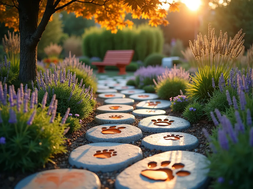 Whimsical Garden Path with Pet Paw Print Stepping Stones - A serene garden pathway at golden hour, featuring handcrafted concrete stepping stones with dog and cat paw prints. The stones are artistically arranged in a gentle curve, painted in soft blues and warm terracotta hues. The path is lined with clusters of lavender and ornamental grasses that sway gently in the breeze. Dappled sunlight filters through a Japanese maple tree overhead, casting warm shadows across the textured stepping stones. Shot from a low angle perspective to emphasize the details of the paw prints, with shallow depth of field creating a dreamy bokeh effect in the background garden. The path leads to a cozy garden bench surrounded by flowering perennials and a small water feature.