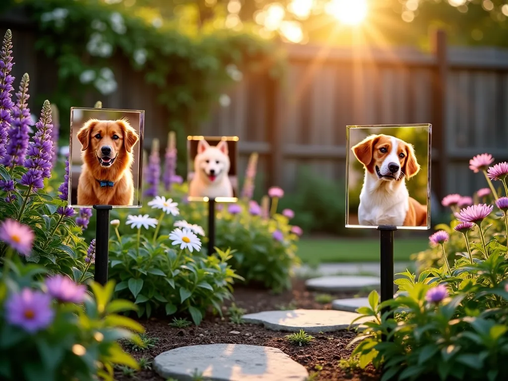 Pet Memorial Photo Stakes at Sunset - A serene garden scene at golden hour, featuring elegant acrylic photo stakes displaying cherished pet photographs scattered among blooming perennials. The stakes, standing 2-3 feet tall with weatherproof frames, catch the warm sunset light, creating a beautiful glow through the images. Purple salvias, white daisies, and pink cosmos sway gently around the stakes, while a natural stone pathway winds through the memorial garden. The photo stakes show various moments of a beloved family dog, with each image protected by UV-resistant materials. Soft bokeh effect in the background highlights a rustic wooden fence covered in climbing jasmine. Shot from a low angle to capture the magical interaction between light, flowers, and the touching photo displays.