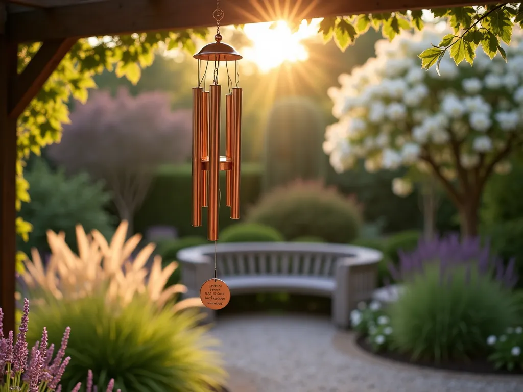 Serene Pet Memorial Wind Chimes at Sunset - A serene garden scene at golden hour, featuring a beautiful copper and brass wind chime hanging from a wooden pergola beam. The wind chime has a pet tag elegantly incorporated into its design, catching the warm evening light. Below, a cozy garden nook with a curved stone bench surrounded by soft-flowing ornamental grasses and purple lavender. Japanese forest grass sways gently in the foreground, while white flowering dogwood trees provide a peaceful backdrop. The wind chime is photographed from a slightly low angle, with the sun's rays filtering through, creating a dreamy, bokeh effect. The scene is composed to capture both the intimate details of the memorial wind chime and the surrounding garden sanctuary, shot with natural depth and atmospheric lighting.