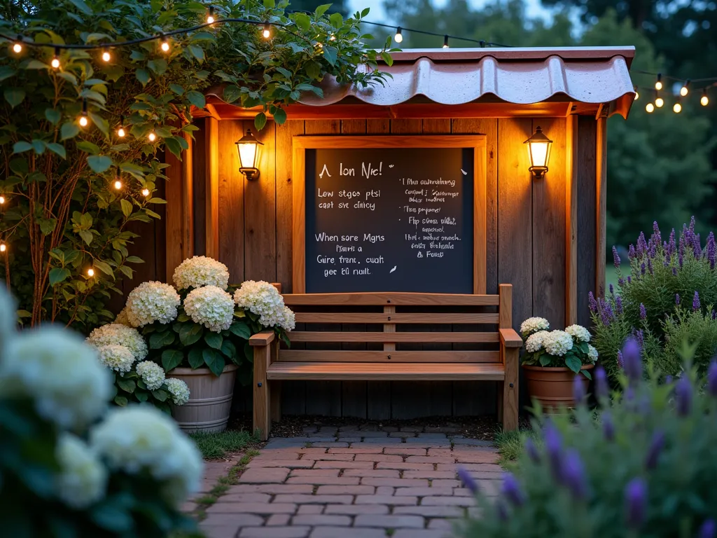 Interactive Pet Memory Garden Chalkboard at Dusk - A serene garden scene at dusk featuring a rustic, weatherproof chalkboard memorial nestled between climbing roses and lavender. The chalkboard, protected by a charming copper roof overhang, displays heartfelt chalk messages and pet memories. Soft solar lanterns illuminate the space, casting a warm glow on the surrounding garden. A cozy wooden bench sits nearby, accompanied by potted white hydrangeas. The intimate setting is photographed from a medium-wide angle, capturing the emotional ambiance with shallow depth of field. The natural evening light creates a peaceful atmosphere, while string lights draped overhead add a magical touch. Professional DSLR photo with perfect exposure, f/8 aperture, ISO 100, crystalline sharpness.