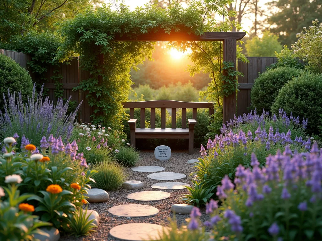 Pet-Safe Memorial Garden Sanctuary - A serene garden nook at golden hour, featuring a thoughtfully arranged collection of pet-safe plants. A rustic wooden arch adorned with climbing jasmine frames the space, while clusters of purple catmint, wheatgrass, and chamomile create soft, flowing borders. In the center, a handcrafted stone marker rests amid a carpet of pet-safe butterfly peonies and lavender. Natural stone pavers wind through the garden, leading to a cozy wooden bench surrounded by patches of catnip and marigolds. Soft evening light filters through the foliage, creating gentle shadows and highlighting the garden's educational plant markers. Shot with a wide-angle lens capturing the entire peaceful sanctuary, with the warm sunset creating a comforting, ethereal atmosphere. 8K DSLR, f/8, natural lighting, photorealistic quality.