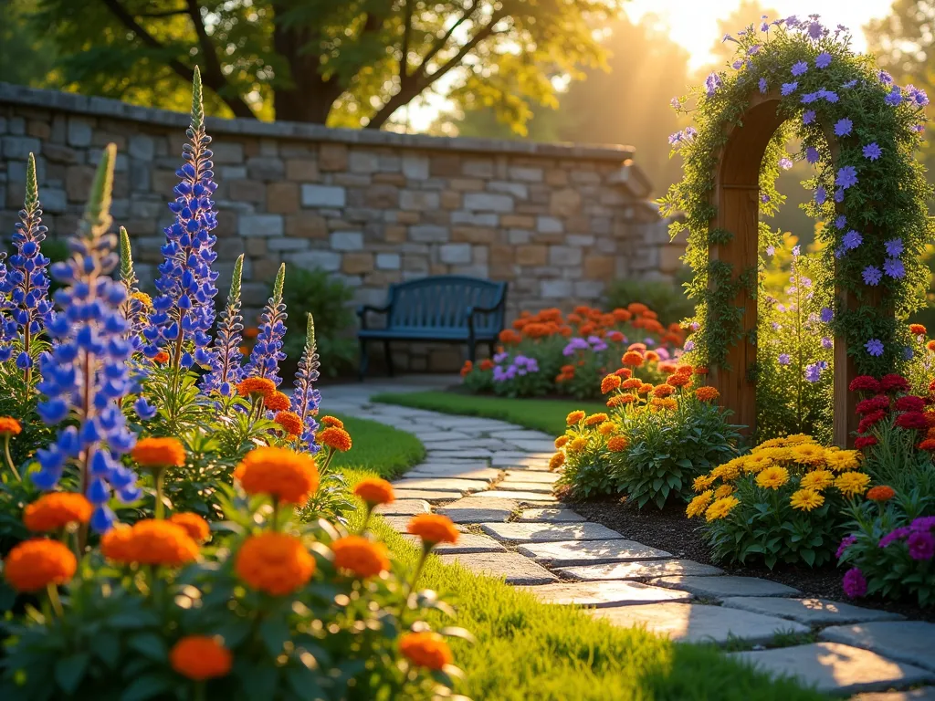 Rainbow Bridge Memorial Garden at Sunset - A serene garden memorial space captured during golden hour, featuring a curved rainbow-colored flower bed against a natural stone wall. In the foreground, tall blue delphiniums and purple coneflowers sway gently, while clusters of orange marigolds, yellow black-eyed susans, and red zinnias create a stunning rainbow gradient. A rustic wooden arch adorned with climbing clematis frames the garden, casting gentle shadows across a small stone path. A decorative metal garden bench sits nearby, perfect for quiet reflection. The warm sunset light filters through the flowers, creating a magical, ethereal atmosphere. Shot with a wide-angle lens to capture the entire rainbow-themed garden while maintaining intimate details of the blooms. Depth of field allows clear view of both nearby flowers and the peaceful garden backdrop.