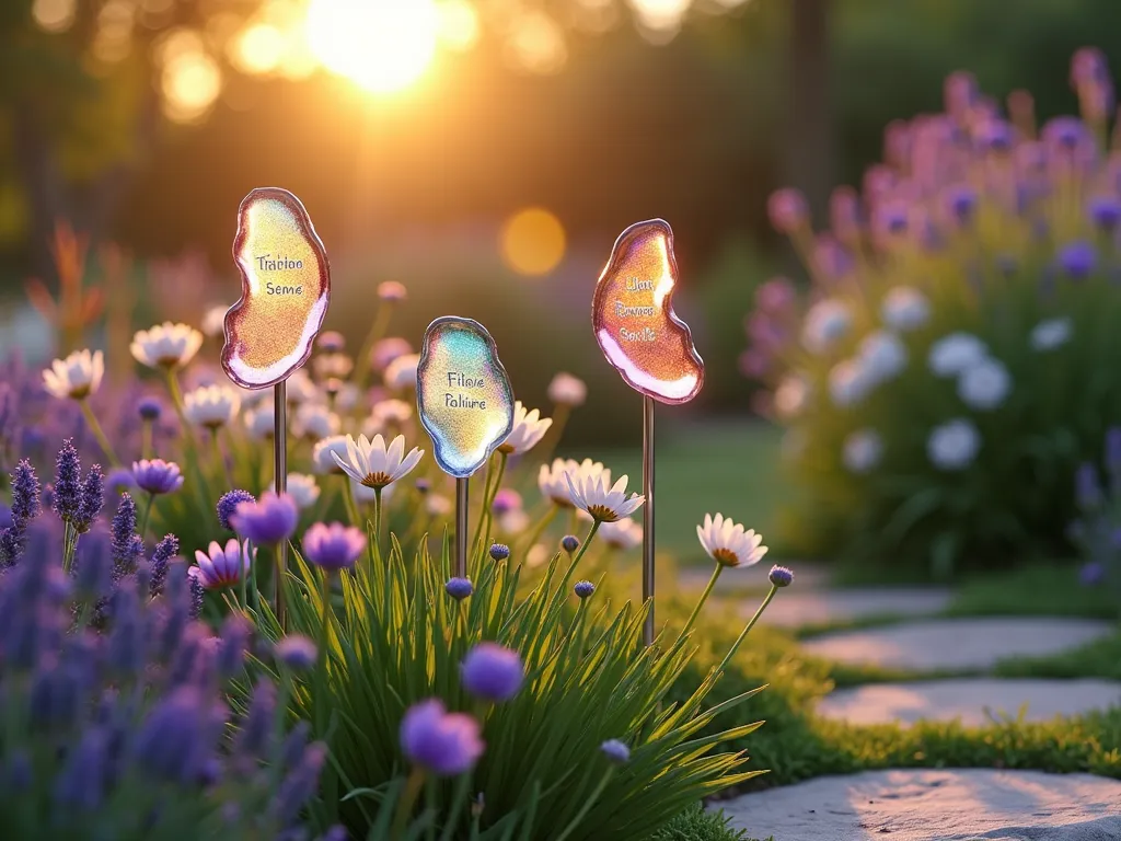 Rainbow Glass Memorial Garden Stakes at Sunset - A close-up shot of elegant, handcrafted rainbow glass garden stakes in a tranquil garden setting at golden hour. Three iridescent glass stakes, each featuring delicate etched pet names, rise gracefully among soft-flowing lavender and white cosmos flowers. The low setting sun catches the colored glass, creating prismatic light patterns on the surrounding foliage. Natural stone pavers line a gentle garden path beside the memorial, while purple salvia and white echinacea provide a dreamy backdrop. The scene captures a magical moment where sunlight transforms the glass stakes into luminous beacons, casting rainbow reflections across the peaceful garden space. Shot with shallow depth of field to create a dreamy, emotional atmosphere while maintaining sharp focus on the glass details. Professional photography, 8K, hyper-realistic.