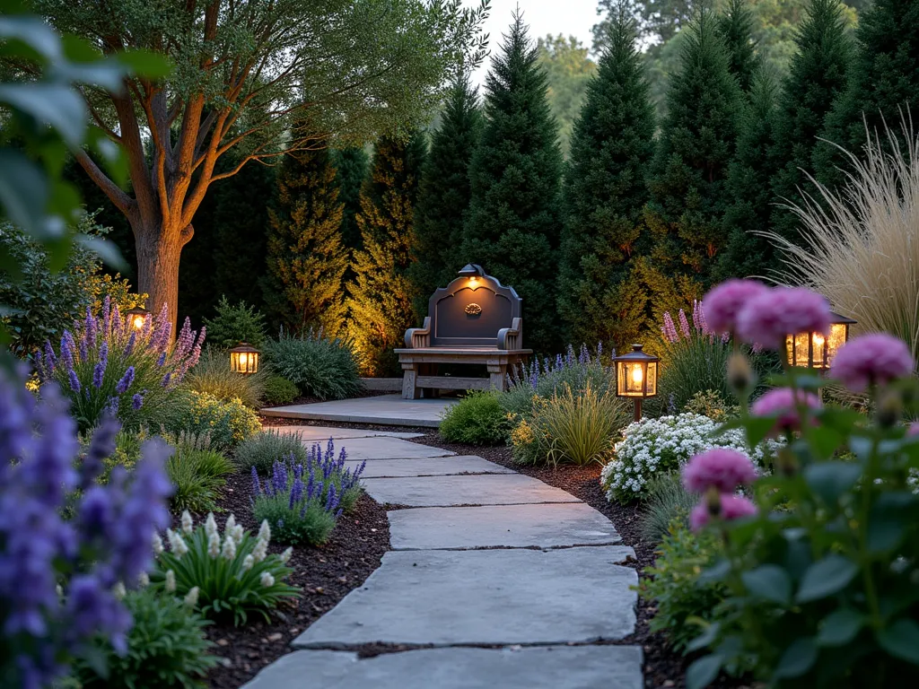 Seasonal Pet Memorial Garden at Dusk - A serene garden nook at dusk with soft ambient lighting, featuring a curved stone path leading to an elegant bronze pet memorial marker. The garden is bursting with seasonal blooms including spring cherry blossoms, summer lavender, autumn chrysanthemums, and winter evergreens arranged in naturalistic waves. A rustic wooden bench sits nearby for reflection, while solar lanterns cast a warm glow. The memorial marker is surrounded by flowering plants at different stages of bloom, symbolizing the cycle of seasons. In the foreground, purple and white climbing clematis frames the scene, while ornamental grasses sway gently in the background. A small stone water feature provides gentle ambiance. Shot from a low angle to capture the garden's depth and emotional resonance.