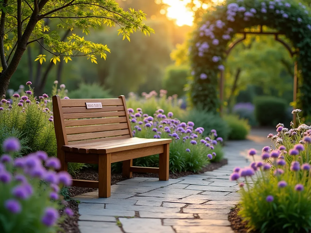 Serene Pet Memorial Garden Bench at Sunset - A tranquil garden scene at golden hour featuring a handcrafted teak memorial bench nestled within a lush garden setting. The bench faces a curved flower bed filled with fragrant lavender and purple salvias. A tasteful bronze plaque is mounted on the bench's backrest. Soft evening light filters through nearby Japanese maple branches, casting gentle shadows across the natural stone pathway leading to the bench. Purple and white echinacea flowers sway in the foreground, while climbing jasmine adorns a nearby trellis. Captured with a wide-angle perspective that shows the bench as a peaceful focal point within the garden sanctuary, with subtle bokeh effect in the background. 16-35mm lens, f/2.8, ISO 400.