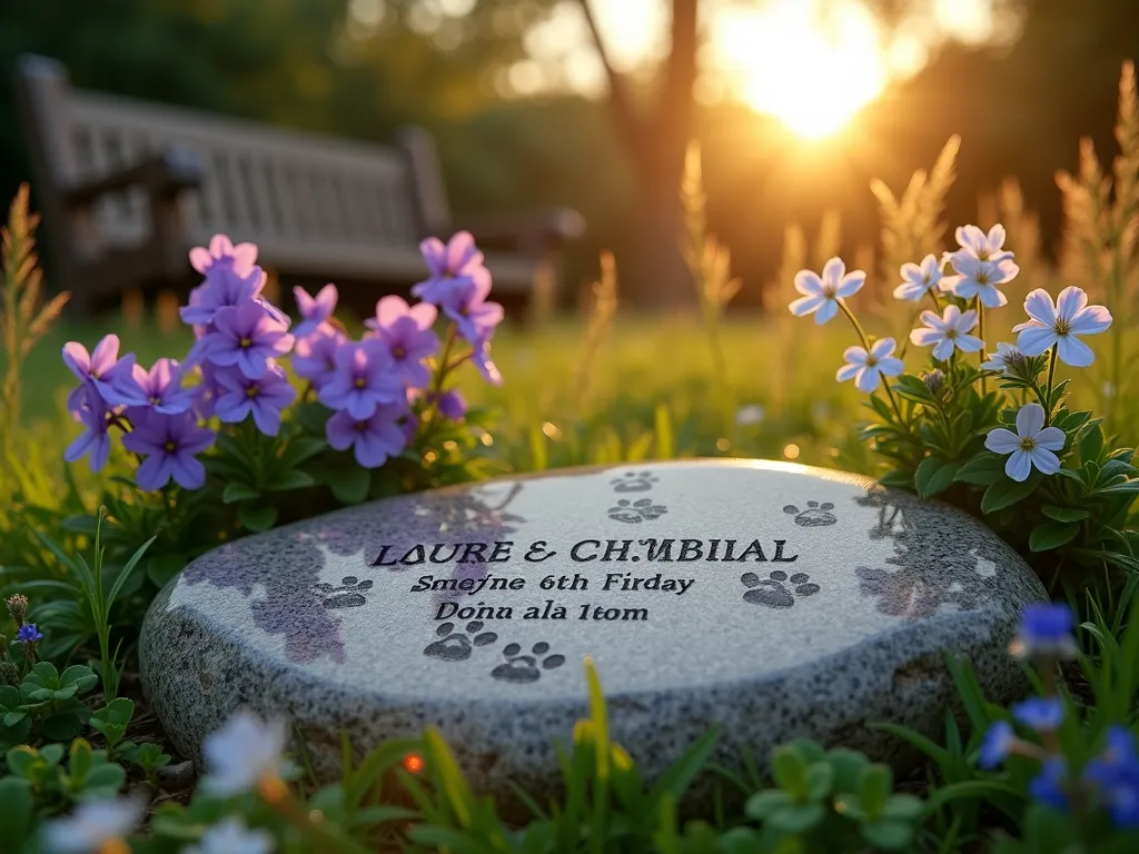 Serene Pet Memorial Stone at Sunset - A touching garden scene at golden hour, featuring a beautifully engraved natural granite memorial stone nestled among blooming forget-me-nots and soft ornamental grasses. The stone bears a heartfelt inscription and dates, with delicate paw prints carved into its polished surface. Photographed from a low angle with a shallow depth of field, capturing the warm sunset light filtering through the surrounding foliage. Several purple and white garden phlox frame the stone, while a rustic wooden bench sits quietly in the soft-focused background. Early evening dew drops glisten on the surrounding plants, creating a peaceful and contemplative atmosphere. Shot with professional DSLR camera, wide-angle lens, f/8 aperture, ISO 100, 1/125 shutter speed, 8K resolution, photorealistic quality.