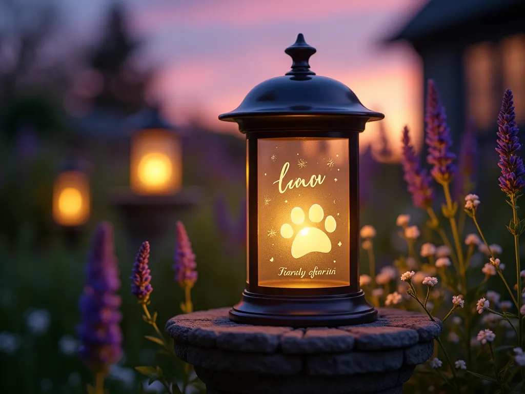 Illuminated Pet Memorial Garden Light at Dusk - A close-up shot of an elegant solar-powered garden light memorial at dusk, casting a warm golden glow in a peaceful garden setting. The cylindrical glass lantern features delicate etched paw prints and a pet's name, surrounded by softly illuminated lavender and white flowering plants. The memorial light sits on a decorative stone pedestal, with subtle bokeh effects from other garden lights in the background. Low-angle perspective captures the ethereal ambiance as the light transitions from day to night, with wispy clouds catching the last rays of sunset in shades of purple and orange. DSLR photo with shallow depth of field highlighting the memorial light's gentle radiance.