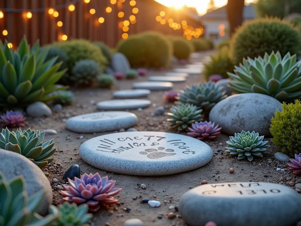 Sunset Pet Memorial Rock Garden - A serene and intimate corner of a garden at sunset, featuring a thoughtfully arranged rock garden with smooth river stones of varying sizes. In the center, a larger, flat memorial stone bears a pawprint and elegant engraved text. Surrounding the stones, clusters of purple and pink echeveria succulents, silvery-green air plants, and compact sempervivums create a living frame. Small painted rocks in gentle earth tones display meaningful dates and messages. Soft golden hour lighting casts long shadows across the textured stones, while string lights draped on a nearby fence add a warm, magical ambiance. Close-up perspective emphasizing the natural textures and personal touches of the memorial garden.