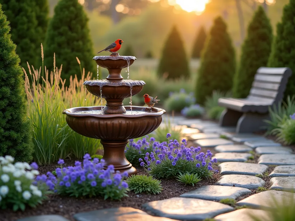 Tranquil Pet Memory Garden Fountain - A serene garden scene at golden hour featuring an elegant three-tiered copper water fountain as the centerpiece of a memorial garden. The fountain has a weathered bronze dedication plaque with paw prints engraved on it. Surrounding the fountain is a curved flagstone path lined with purple catmint and white forget-me-nots. Japanese forest grass sways gently at the fountain's base, while a cheerful cardinal perches on the top tier. Soft water cascades create a mesmerizing ripple effect, catching the warm evening light. The intimate space is framed by dwarf evergreens and features a cozy stone bench nearby for reflection. Shot from a low angle to emphasize the fountain's presence, with subtle depth of field highlighting water droplets in the foreground.