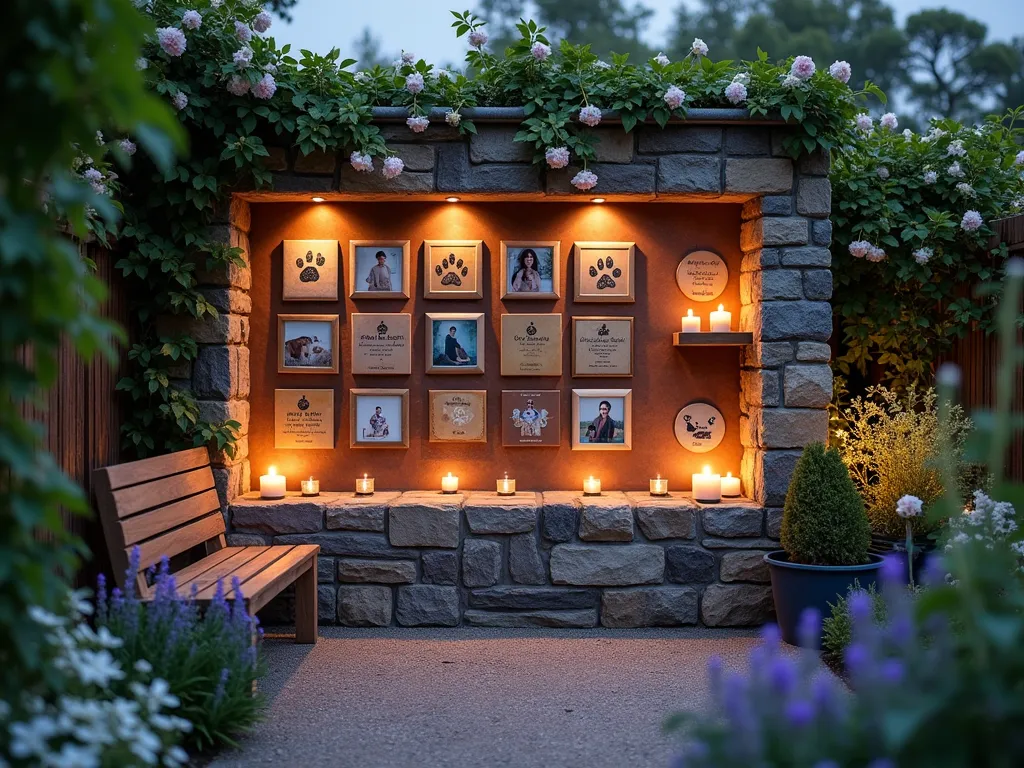 Twilight Pet Memory Garden Wall - A serene garden memory wall at dusk, illuminated by soft garden lights and flickering candles. The wall, made of natural stone with weathered copper panels, features a collection of ceramic tiles with paw prints, framed photographs of pets, and engraved memorial plaques arranged thoughtfully. Small built-in alcoves hold glowing candles and treasured pet mementos. Climbing jasmine and delicate climbing roses frame the wall, while potted lavender and white flowering plants line its base. A rustic wooden bench sits nearby for quiet reflection. The scene is captured at a 45-degree angle, showing both the intricate details of the memorial wall and its integration into the peaceful garden setting, with soft bokeh effects from the garden lights.