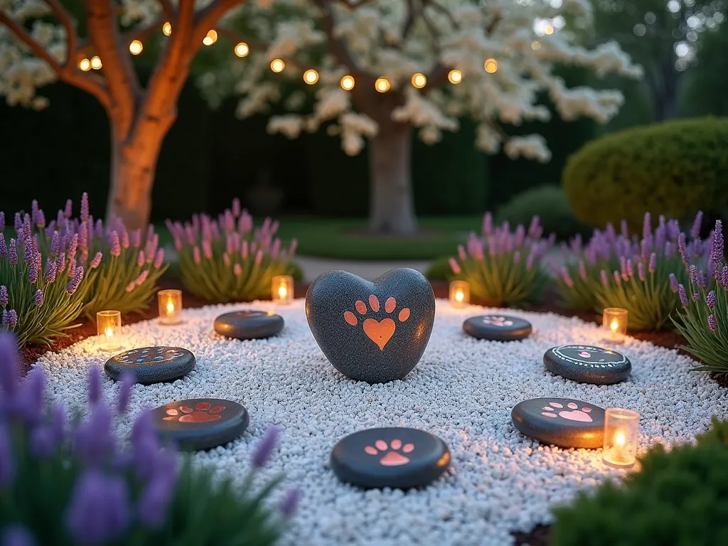 Twilight Pet Memory Stone Circle - A serene garden setting at dusk, featuring a circular arrangement of 7 hand-painted river stones forming a 4-foot diameter circle on a bed of white pea gravel. In the center stands a larger, heart-shaped memorial stone with warm solar lights gently illuminating it. The stones are individually painted with paw prints and memories in metallic copper and silver paint. A weeping cherry tree serves as a backdrop, its branches gracefully extending over the circle, while purple and white lavender plants softly border the circular arrangement. Captured with a medium-wide angle shot at golden hour, with gentle bokeh effect highlighting the stone circle. Several garden lanterns cast a warm, ethereal glow across the scene.