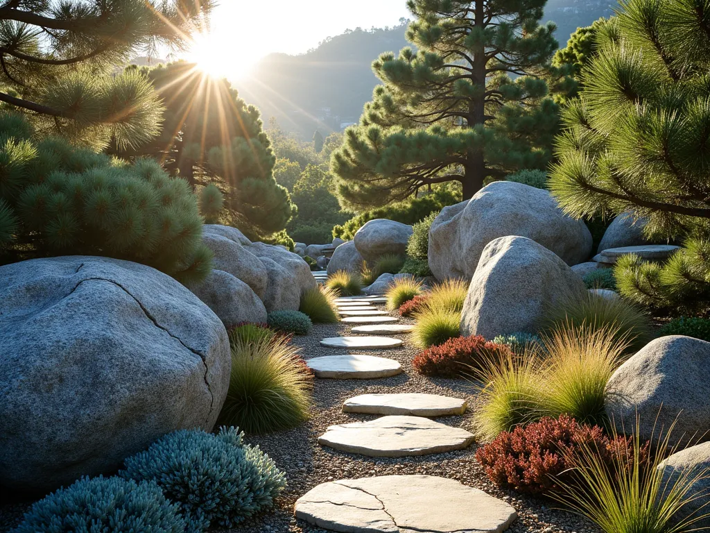 Alpine-Inspired Pine and Boulder Garden at Dawn - A serene wide-angle photograph of a beautifully landscaped garden featuring large weathered granite boulders naturally arranged among dwarf Mugo pines and Japanese White pines. Morning sunlight casts long shadows across the scene, with golden light filtering through the pine needles. Small clusters of drought-resistant Blue Fescue grass and Sedum plants peek between the rocks, adding silvery-blue and burgundy accents. A natural stone pathway winds through the composition, while morning dew glistens on the pine needles. The garden creates a dramatic miniature mountain landscape effect with varying heights of boulders and cascading pine specimens. Shot with a 16-35mm lens at f/2.8, ISO 400, capturing the rich texture of the rock surfaces and the delicate pine needles in stunning detail.