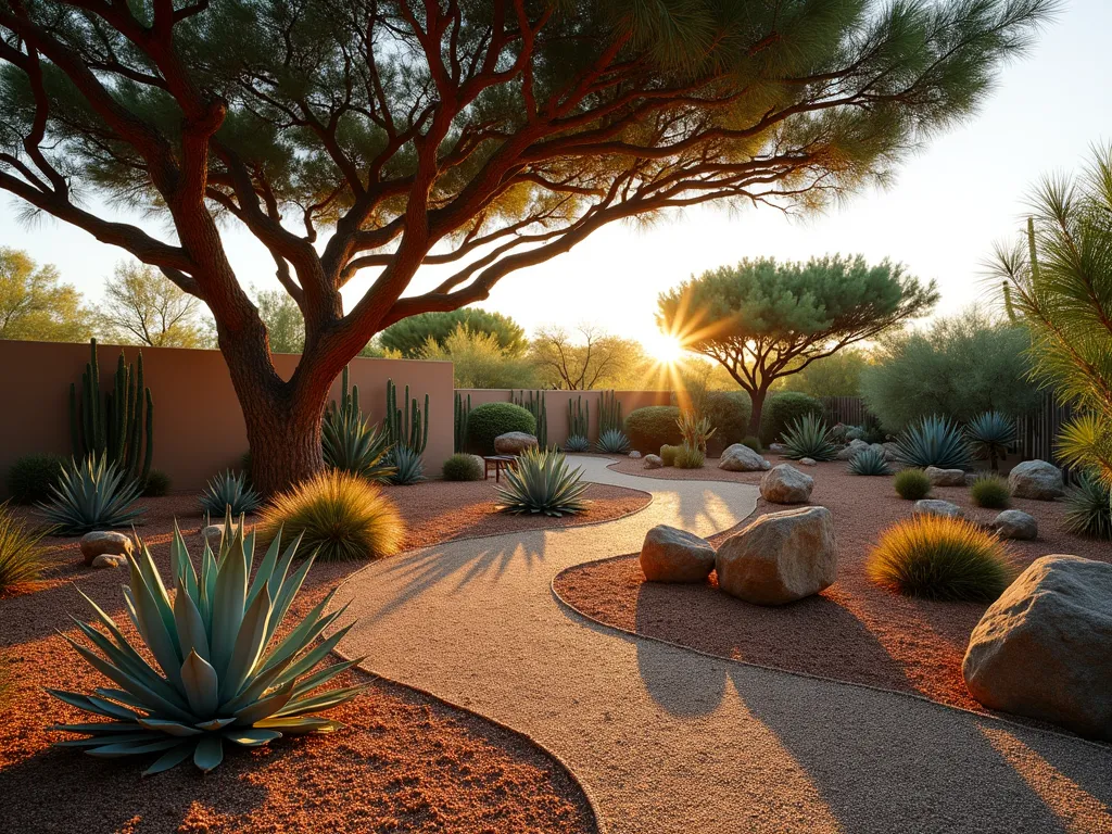 Desert Pine Oasis Garden - A stunning DSLR wide-angle shot of a modern desert garden at golden hour, featuring majestic Aleppo pine trees with their sculptural branches casting long shadows across a carefully designed landscape. The foreground showcases a harmonious blend of silvery-blue agave plants, golden barrel cacti, and red yucca emerging from a sea of rust-colored decorative gravel. A winding decomposed granite path leads through the garden, bordered by weathered boulder accents. The background reveals more drought-resistant pines creating a natural privacy screen, while desert sage and desert spoon add texture at different heights. Natural sunlight filters through the pine needles, creating a magical interplay of light and shadow on the desert garden floor. Shot at f/8 for perfect depth of field, capturing the intricate details of both the pine needles and desert plant textures.