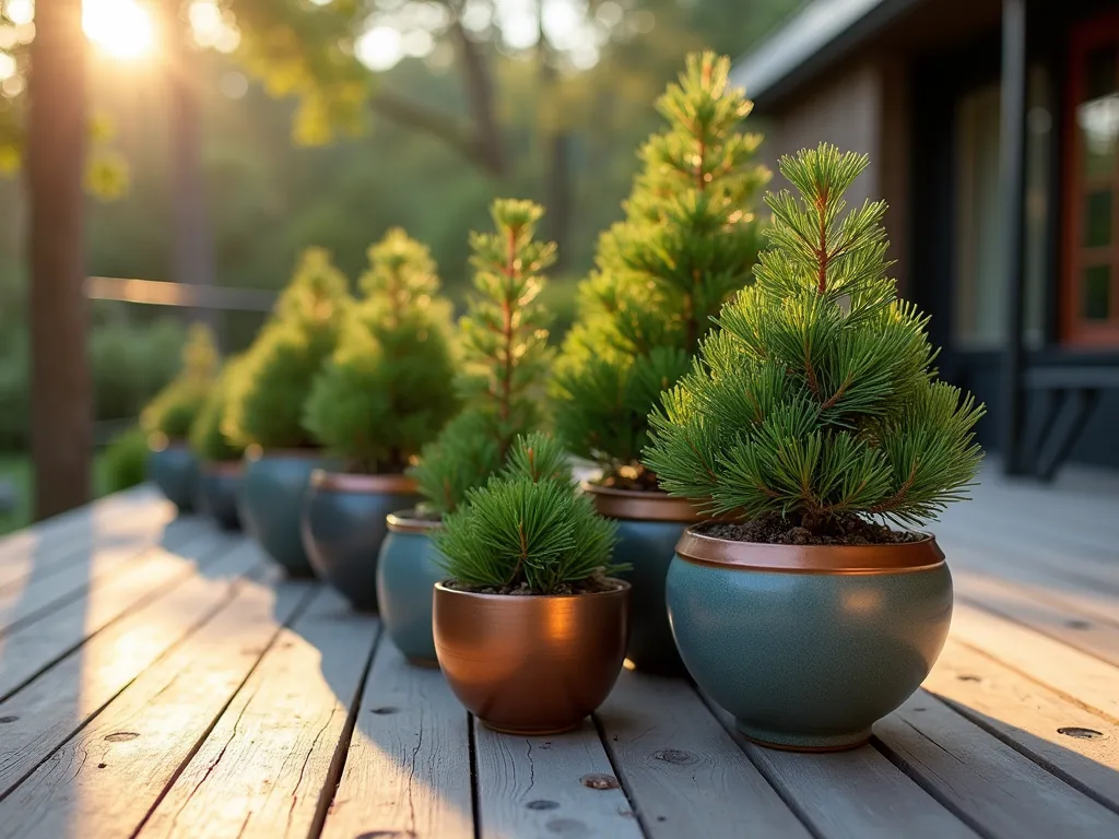 Elegant Dwarf Pine Container Garden at Sunset - A serene collection of dwarf pine varieties artistically arranged in modern ceramic containers on a contemporary patio, photographed during golden hour. Multiple Mugo pines and Japanese White Pine specimens of varying heights create a layered effect, their compact forms casting long shadows across weathered wooden decking. Copper and slate-blue glazed containers of different sizes add visual interest, while soft evening light filters through the delicate needles. Shot with a wide-angle perspective at f/2.8, capturing the entire arrangement with the background slightly blurred, emphasizing the textural details of the pine needles and the interplay of light and shadow.