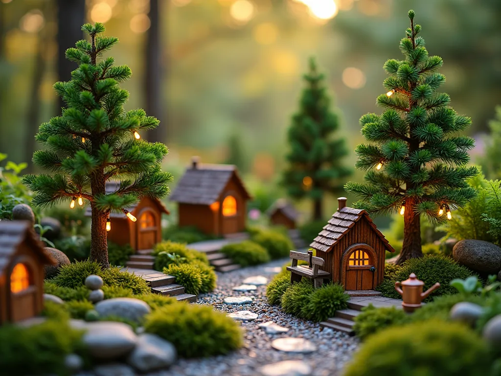 Enchanted Dwarf Pine Fairy Garden - Close-up magical garden scene at twilight featuring dwarf mugo pine trees as centerpieces, surrounded by a meticulously crafted miniature fairy village. Tiny cobblestone paths wind through moss-covered ground, leading to small twinkling fairy houses with cedar-shingled roofs and miniature windows. Delicate solar-powered string lights weave through the branches, creating a warm, ethereal glow. Small garden accessories include a diminutive copper watering can, tiny wooden bridges crossing pebble streams, and miniature iron benches. Complementary plantings of dwarf varieties including small ferns, miniature hostas, and creeping thyme add texture and whimsy. Soft bokeh effect in background with golden hour lighting filtering through the pine needles, photorealistic style.