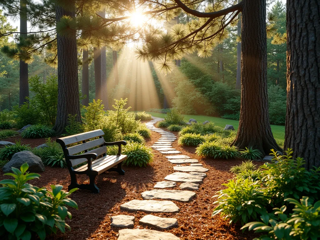 Enchanted Pine Woodland Path - A serene, winding garden path through majestic pine trees in a backyard setting, captured at golden hour. The natural stone pathway meanders through dappled sunlight, lined with clusters of shade-loving hostas, ferns, and woodland flowers. Pine needle mulch creates a soft, natural border along the path edges. A rustic wooden bench nestled against a mature pine trunk offers a contemplative resting spot. Rays of warm evening light filter through the pine canopy, creating magical light patterns on the ground. Shot with a wide-angle lens to capture the immersive woodland atmosphere, with deep perspective showing the path disappearing into the distance. The composition includes moss-covered rocks, native woodland groundcover, and the rich textures of pine bark and needles. Professional DSLR photo with pristine clarity and natural lighting.