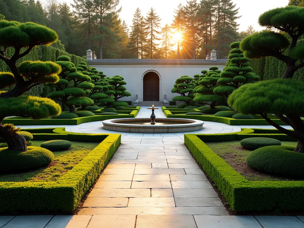 Elegant Formal Pine Garden with Geometric Design - A stunning formal garden at golden hour, photographed with a wide-angle lens, featuring meticulously pruned Japanese Black Pine trees arranged in perfect symmetry along a limestone path. The pines are sculpted into classic cloud-like forms, complemented by pristine boxwood hedges forming geometric patterns. A central circular fountain serves as a focal point, surrounded by precisely trimmed Mugo pines and emerald green boxwood parterres. The formal garden design showcases mathematical precision with intersecting pathways bordered by low-growing pines and topiary. Soft evening light casts long shadows across the structured landscape, highlighting the architectural elements of the pines against a backdrop of a classic stone garden wall. Professional DSLR capture at f/8, ISO 100, 1/125 sec, emphasizing the rich textures and formal garden geometry.