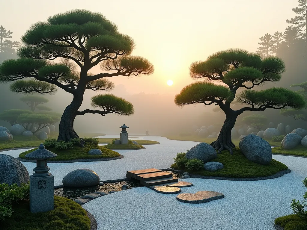 Tranquil Japanese Zen Pine Garden at Dawn - A serene Japanese zen garden at dawn, photographed with a wide-angle lens capturing the gentle morning mist. Meticulously pruned dwarf Japanese black pine trees create elegant silhouettes against the rising sun. The foreground features intricate patterns in pure white raked gravel, flowing around carefully positioned weathered granite boulders. Patches of emerald green moss soften the transitions between elements. A small wooden bridge crosses over a dry stream bed, while stone lanterns cast subtle shadows. The composition follows the rule of thirds, with the largest pine tree positioned off-center. Natural golden morning light filters through the pine branches, creating a mystical atmosphere. Shot from a low angle to emphasize the garden's contemplative nature and spatial depth. 8K resolution, hyper-realistic detail.