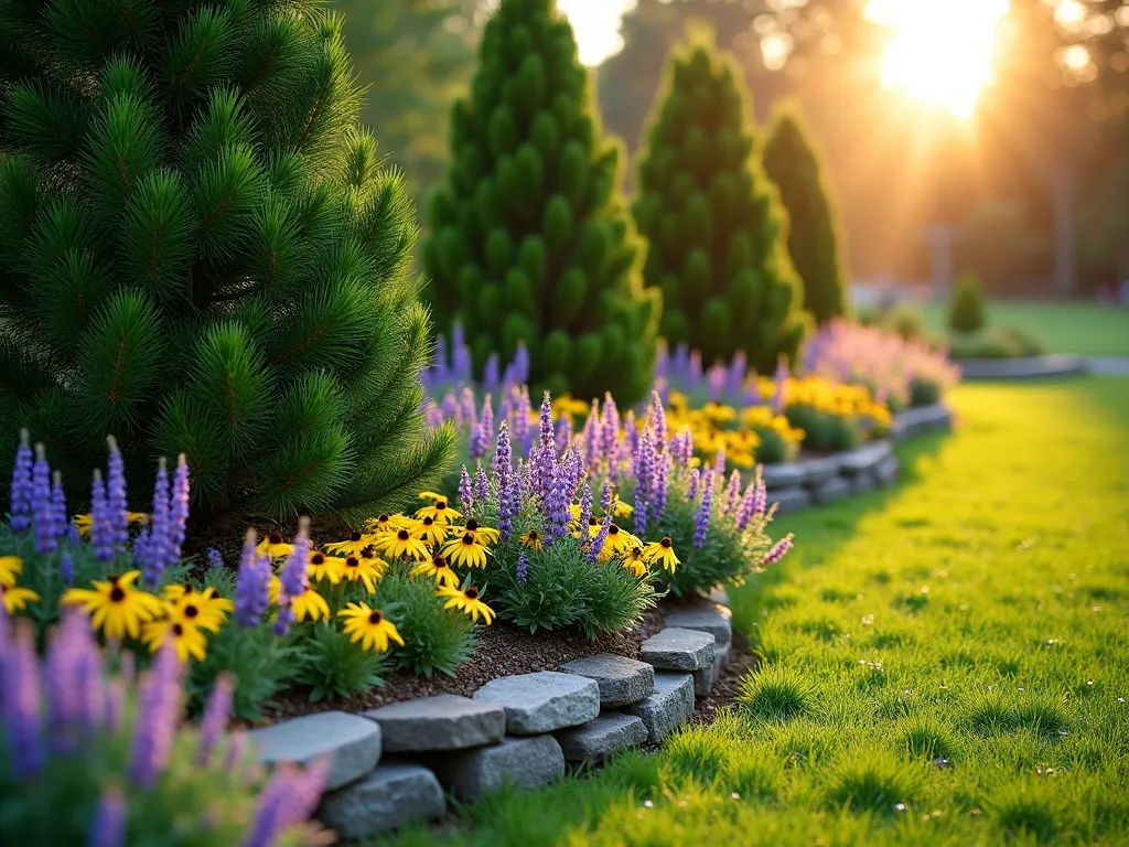 Layered Pine and Perennial Garden Border - A stunning garden border at golden hour, photographed with a wide-angle lens capturing the interplay of dwarf Mugo pine trees and colorful perennials. The pines create strong architectural elements while purple coneflowers, Russian sage, and yellow black-eyed susans flow around their base in naturalistic waves. Morning sunlight filters through the pine needles, casting gentle shadows across the garden bed. The border follows a curved path, with varying heights creating depth and visual interest. The composition shows both mature and young plantings, with a rustic stone edging defining the border. Shot at f/2.8 to create a dreamy bokeh effect in the background, where additional garden elements softly blur into the distance.