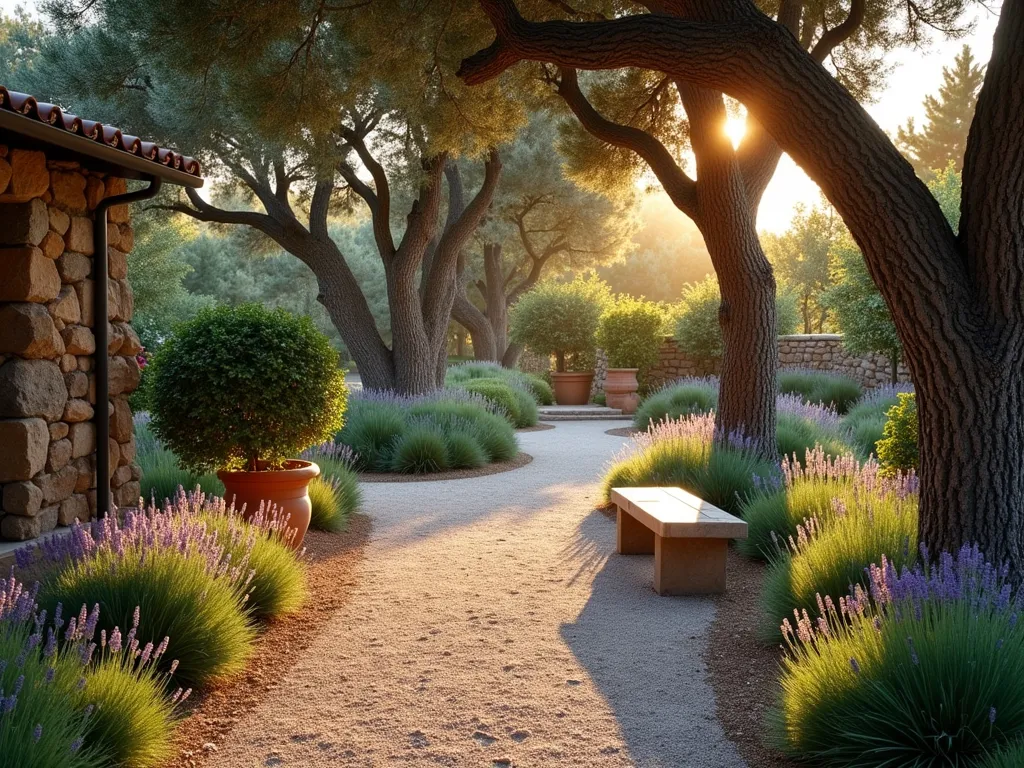 Sunset Mediterranean Pine Garden Retreat - A wide-angle photo of a serene Mediterranean garden at golden hour, featuring elegant Italian Stone Pine trees casting long shadows across a meandering gravel path. The garden showcases clusters of fragrant lavender in full bloom alongside mature olive trees with gnarled trunks. Terracotta planters filled with rosemary and cypress line the path, while a rustic stone bench creates a focal point. The warm evening light filters through the pine branches, creating a dappled effect on the drought-resistant groundcover below. The composition includes Mediterranean architectural elements like a weathered stone wall covered in climbing bougainvillea, captured with a professional digital camera using a 16-35mm lens at f/2.8, ISO 400, emphasizing the rich textures and warm Mediterranean atmosphere.