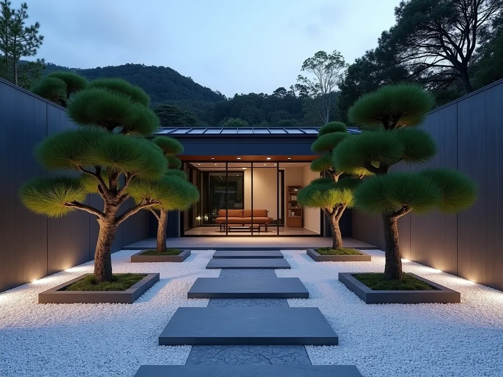 Modern Minimalist Pine Garden - A serene minimalist garden at dusk featuring three carefully spaced Japanese Black Pine trees against a clean white pebble ground cover. Wide-angle shot showcasing geometric concrete stepping stones arranged in a modern pattern. The pines are artistically pruned in cloud-like shapes, creating dramatic silhouettes. Sleek charcoal-colored planters frame the space, while subtle LED ground lighting casts gentle shadows. Captured with DSLR camera, the composition emphasizes negative space and clean lines, with a modern glass-walled house visible in the background. Sharp focus at f/8, natural twilight illumination creates a peaceful, contemporary atmosphere.