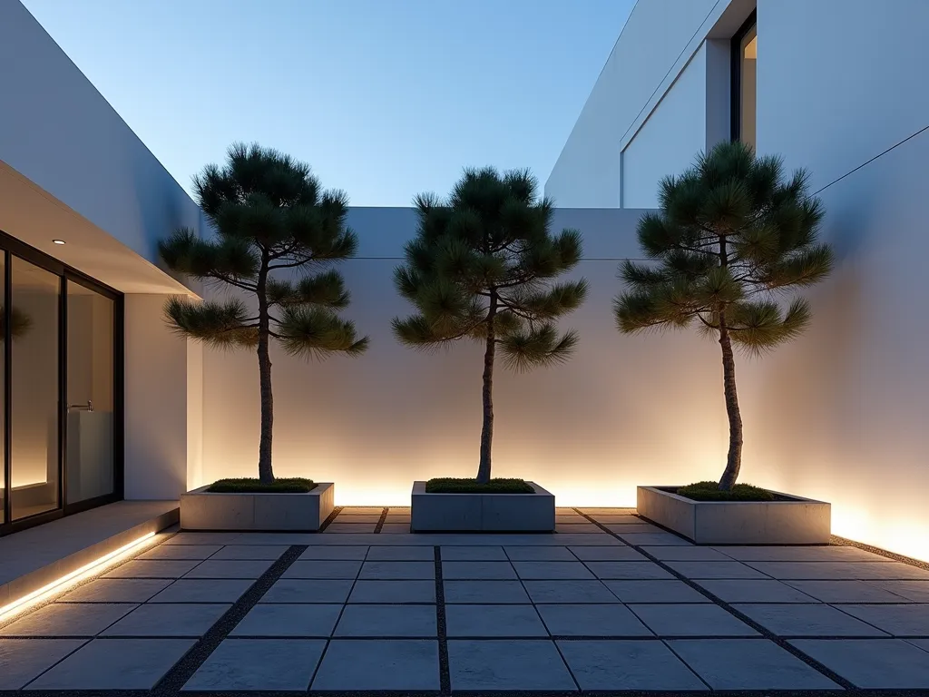 Modern Pine Tree Courtyard at Twilight - Professional architectural photography of a sleek modern courtyard at twilight, featuring three tall Japanese Black Pine trees in large rectangular concrete planters. Wide-angle shot at f/2.8 showcasing minimalist design with clean lines and geometric patterns. Dark gray stone pavers arranged in a precise grid pattern lead through the space. LED strip lighting elegantly illuminates the base of each planter, casting dramatic shadows of the sculptural pine branches against smooth white courtyard walls. Contemporary metal and glass furniture pieces complement the space. Soft ambient lighting creates a sophisticated atmosphere, highlighting the natural architecture of the pines against the modern backdrop. Shot with a 16-35mm lens capturing the interplay of natural and architectural elements.