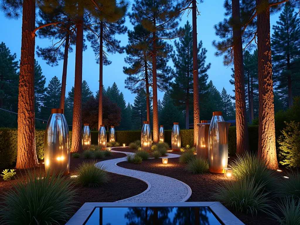 Modern Pine Tree Sculpture Garden at Twilight - A wide-angle twilight shot of a contemporary backyard garden featuring tall, majestic pine trees interspersed with illuminated metal sculptures. Abstract metallic art installations in silver and copper tones reflect the last rays of sunset, creating a magical interplay of light and shadow. A series of strategically placed mirrors mounted on weathered wooden posts capture and multiply the pine trees' silhouettes. Soft landscape lighting highlights the sculptural forms of the pine branches, while a winding decomposed granite path leads through the artistic display. Subtle blue uplighting on the pine trunks creates depth, photographed with a dreamy bokeh effect and natural lens flare. In the foreground, a modern water feature reflects the artistic elements above, digital camera capture at 16mm, f/2.8, ISO 400, during the blue hour.