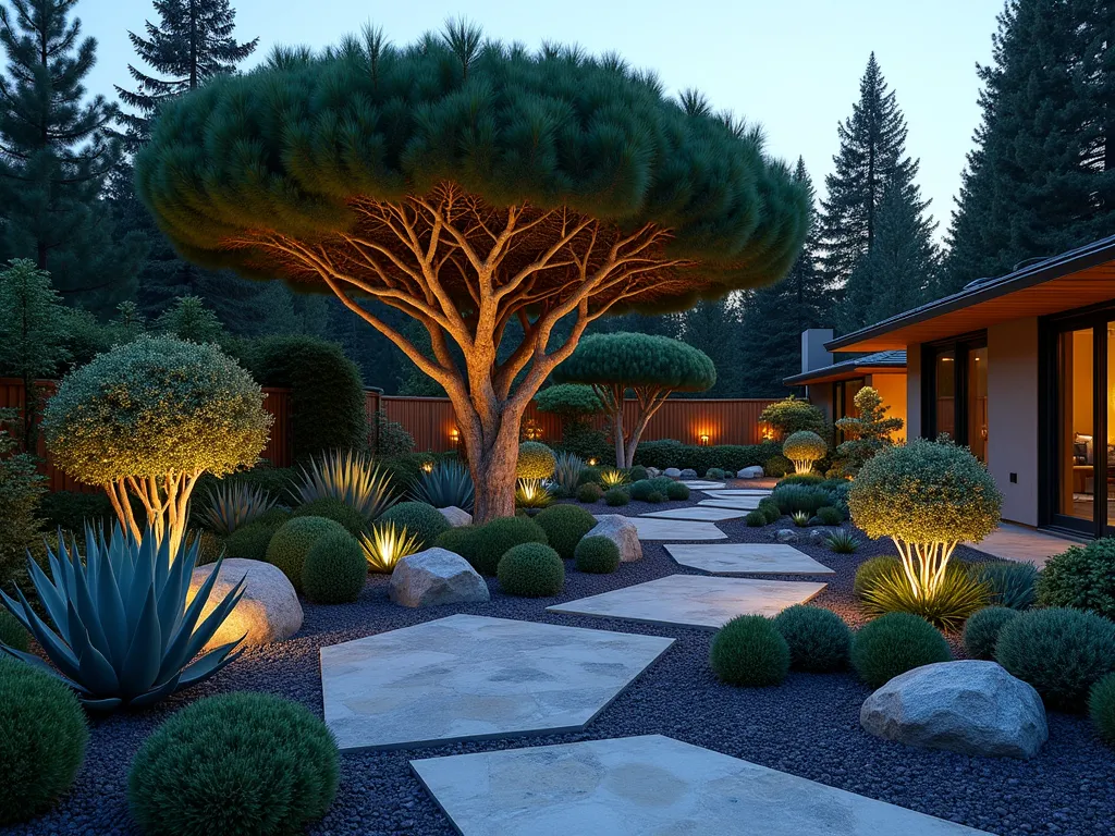 Modern Pine and Succulent Garden Harmony - A breathtaking twilight garden scene captured with a wide-angle lens, featuring a majestic Mugo pine tree as the centerpiece, surrounded by a dramatic arrangement of architectural succulents. The garden showcases large Agave americana, bold Euphorbia tirucalli, and striking Echeveria clusters in varying sizes. The soft, feathery pine needles create an ethereal contrast against the geometric forms of the succulents. Natural stone pathways wind through the composition, while subtle landscape lighting casts interesting shadows and highlights the textural interplay. The background features taller Japanese Black Pines, creating depth and vertical interest. Contemporary concrete planters in varying heights add structural elements, while a layer of slate-colored gravel provides a modern ground cover. Shot during blue hour with warm accent lighting, f/2.8 creates a dreamy bokeh effect in the background.