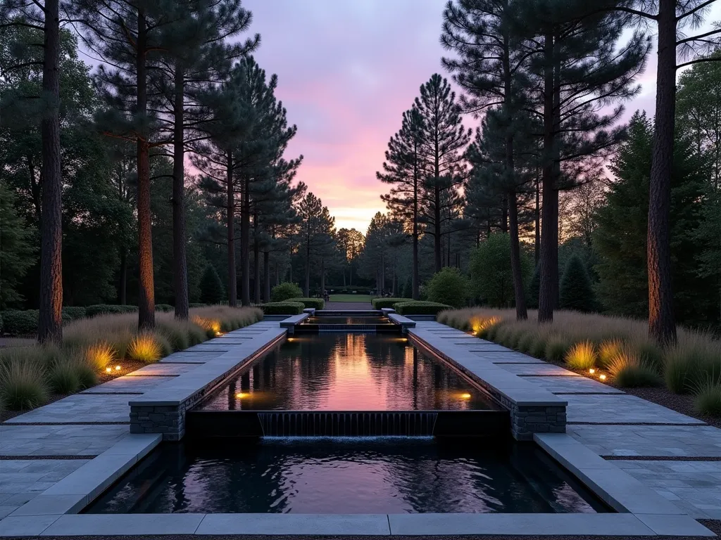 Modern Pine Garden Water Feature at Dusk - A serene garden scene at dusk featuring tall, majestic pine trees surrounding a contemporary rectangular reflecting pool. The water feature has sleek, minimalist waterfalls cascading down dark stone walls. The still water surface perfectly mirrors the silhouettes of the pine trees against a purple-orange sunset sky. Subtle landscape lighting illuminates the base of the pines and creates dramatic reflections in the water. Natural stone pavers create a modern pathway around the water feature, with ornamental grasses softening the edges. The composition is captured in a wide-angle perspective, showing the integration of the water feature into a sophisticated backyard landscape design.