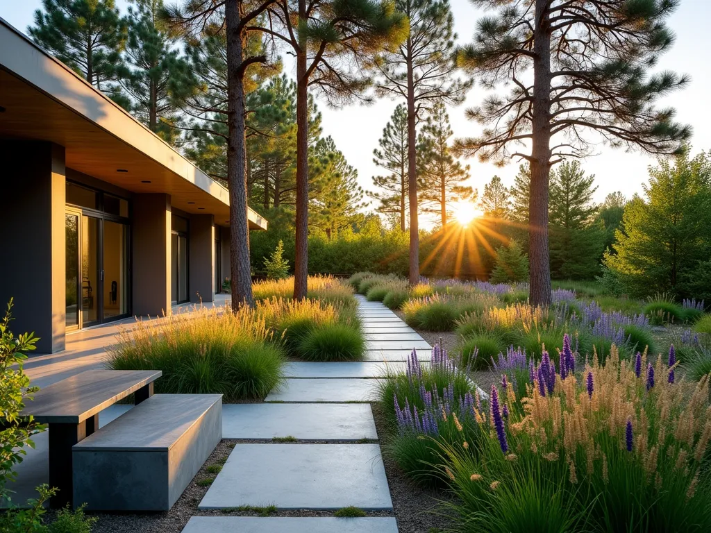 Modern Prairie Pine Garden with Contemporary Elements - A stunning wide-angle DSLR photograph of a modern prairie-style garden at golden hour, featuring towering Austrian pine trees as sculptural elements against a warm sky. The garden showcases a harmonious blend of flowing ornamental grasses like Feather Reed Grass and Little Bluestem, interspersed with purple coneflowers and black-eyed susans. A sleek concrete pathway winds through the space, bordered by weathered steel planters. Modern geometric benches in charcoal grey provide seating areas, while well-placed landscape lighting creates dramatic shadows. The composition captures the interplay between the rigid architectural lines of the pines and the soft, movement-filled prairie plantings, shot at f/8 with natural lighting highlighting the textural contrasts. A contemporary water feature with clean lines provides a focal point, photographed with careful attention to depth of field showing the entire garden sanctuary.