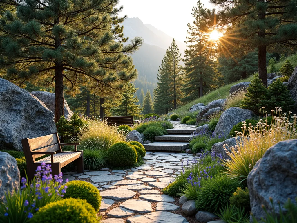 Mountain Pine Garden Paradise - A serene mountain-style garden at golden hour, photographed with a wide-angle lens. Majestic Scotch pines and dwarf mugo pines frame a natural stone pathway that winds through rugged granite outcrops. Alpine perennials like edelweiss and blue gentians dot the landscape, while compact juniper shrubs hug the ground. A rustic wooden bench nestled against a weathered boulder provides a peaceful viewing spot. Natural stone steps lead up a gentle slope, bordered by hardy ornamental grasses catching the warm evening light. The garden features strategic elevation changes with moss-covered rocks creating authentic mountain terrain. A small trickling stream with native mountain plants completes the alpine atmosphere. Shot at f/2.8 with dramatic shadows and highlights emphasizing the textural elements.