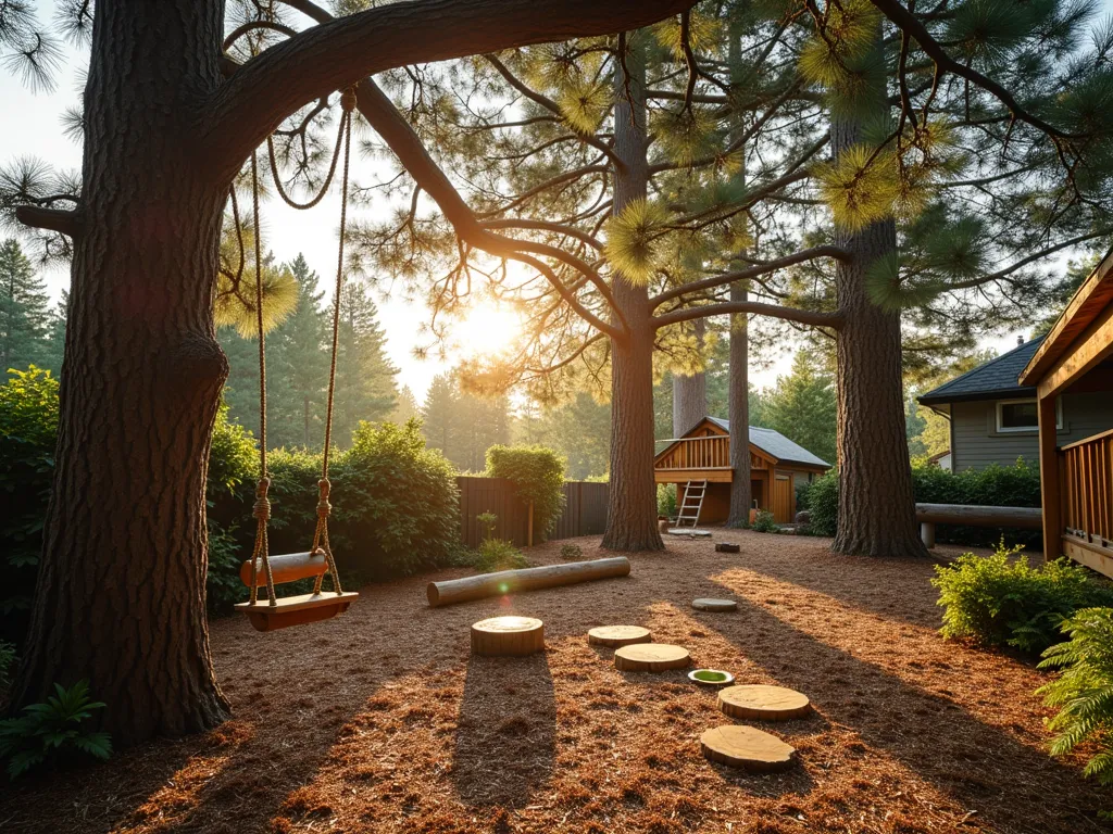 Natural Pine Tree Playground Haven - A serene backyard playground setting at golden hour, photographed with a wide-angle lens capturing towering mature pine trees creating a natural canopy. A rustic rope swing hangs from a sturdy pine branch, while natural log stepping stones and a fallen pine trunk create a natural climbing course. Soft, golden sunlight filters through the pine needles, casting dappled shadows on a thick, cushioned bed of pine needles covering the ground. Children's climbing ropes are tastefully integrated into the trees, with a small treehouse platform visible in the background. Natural wood chips and pine cones scatter the area, while ornamental grasses and ferns add texture to the periphery. The scene is captured with professional DSLR settings, emphasizing the magical interplay of light and shadow through the pine boughs.