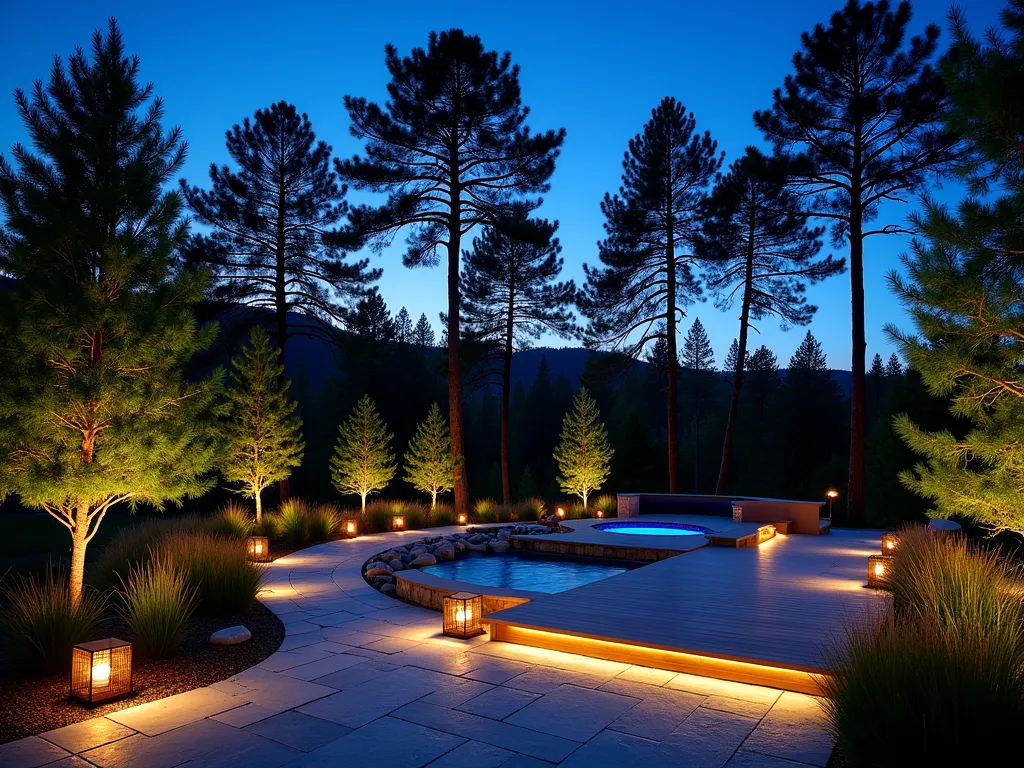 Illuminated Pine Garden at Twilight - A captivating twilight photograph of a landscaped garden featuring majestic pine trees illuminated by strategic uplighting, creating dramatic shadows against the deep blue evening sky. Ground-level path lights guide through a winding stone pathway, while warm white LED strips subtly highlight a modern wooden deck area. Tall Norwegian Spruce and Japanese Black Pines cast intricate silhouettes, their branches dramatically lit from below. Cool blue accent lights illuminate a small water feature, while copper lanterns cast a warm glow along the pathway edges. Shot with a wide-angle lens capturing the entire scene's depth, with the deck in the foreground and the towering pines creating a magical backdrop. The composition includes natural stone elements and ornamental grasses catching the artificial light, creating a enchanting nighttime retreat.