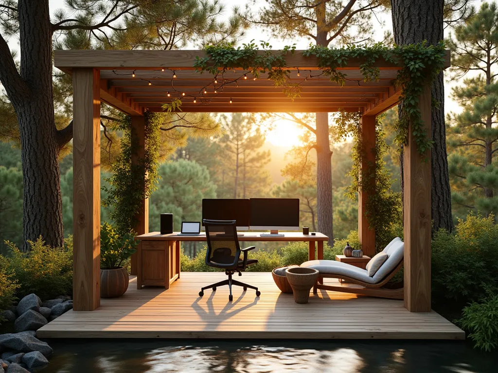 Serene Pine Tree Home Office Retreat - A tranquil outdoor office space nestled beneath towering pine trees, captured during golden hour. Wide-angle shot showcasing a modern wooden deck platform with a sleek glass-top desk and ergonomic mesh chair. Integrated power outlets and wifi router discretely housed in weatherproof containers. Natural wood pergola overhead with climbing vines providing dappled shade. Surrounding mature pine trees create a natural privacy screen, their needles casting intricate shadows. MacBook Pro and dual monitors set up on desk, with a rustic wooden coffee table and comfortable lounge chair nearby. Soft LED string lights weaved through pergola beams. Small water feature adding ambient sound. Shot with dreamy bokeh effect, pine needles catching golden sunlight in background. Professional photography style, 16-35mm lens, f/2.8, ISO 400.