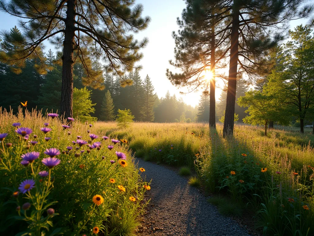 Serene Pine Meadow Garden at Sunset - A DSLR wide-angle photograph of a dreamy backyard meadow garden at golden hour, featuring scattered young pine trees casting long shadows across a sea of wildflowers. Native purple coneflowers, black-eyed susans, and swaying ornamental grasses create a naturalistic tapestry beneath majestic Scots pines. Soft, warm sunlight filters through the pine branches, illuminating the meadow's wild beauty. The foreground showcases a natural gravel path winding through the wildflowers, while butterflies and bees hover over the blooms. Shot at f/8 with a professional DSLR camera, capturing the rich textures and depth of the pastoral landscape as the setting sun bathes everything in golden light.