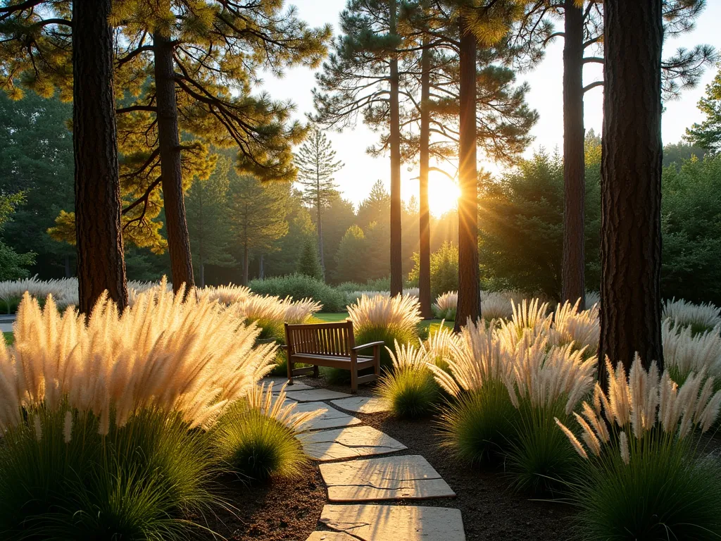 Pine and Ornamental Grass Garden at Golden Hour - A serene backyard landscape photographed during golden hour, featuring tall, majestic pine trees with their evergreen needles catching the warm evening light. In the foreground, sweeping masses of feathery Karl Foerster grass and Mexican feather grass sway gently in the breeze, creating a mesmerizing dance of movement. Natural stone pathway weaves through the garden, with the low-angle sunlight casting long shadows across the textural contrast between the rigid vertical lines of the pines and the flowing, silver-gold grasses. Shot with a wide-angle perspective at f/2.8, capturing the magical interplay of light through the pine branches and the ethereal quality of the backlit ornamental grasses. The composition includes a small wooden bench nestled among the grasses, providing a sense of scale and invitation.