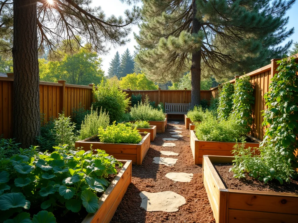 Pine Tree Kitchen Garden with Raised Beds - A sunlit garden scene photographed with a DSLR wide-angle lens, showcasing tall mature pine trees creating dappled shade over a series of cedar raised garden beds. The beds are arranged in a terraced layout, filled with thriving vegetables and culinary herbs. Vertical trellises adorned with climbing peas and beans stand against a rustic wooden fence. Golden afternoon light filters through the pine branches, casting intricate shadows on the rich soil and verdant plants. In the foreground, sage, thyme, and rosemary grow abundantly, benefiting from the pine needle mulch and protected microclimate. Stone pathways wind between the beds, while a wooden garden bench sits peacefully under the pine canopy. The composition captures the harmonious blend of productive gardening with the natural majesty of established pine trees, shot at f/8 for optimal depth of field.