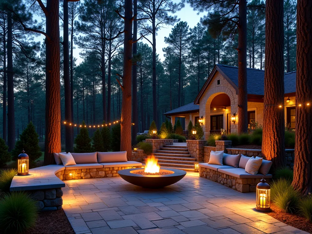 Rustic Pine Stone Terrace at Dusk - A serene outdoor living space photographed at dusk with a wide-angle 16-35mm lens, f/2.8, ISO 400. Tall, majestic pine trees frame a natural stone terrace with rough-cut granite walls and weathered flagstone paving. Built-in stone benches with plush weather-resistant cushions line the perimeter. Warm LED landscape lighting illuminates the pine trunks from below, casting dramatic shadows. A modern fire pit serves as a central focal point, with its flames reflecting off the stone surfaces. Copper lanterns mounted on stone pillars provide ambient lighting, while string lights draped between the pines create a magical canopy effect. Small ornamental grasses soften the stone edges, with pine needles creating a natural carpet around the terrace edges. The composition captures the interplay between architectural elements and natural materials, photographed during the blue hour for maximum atmospheric effect.