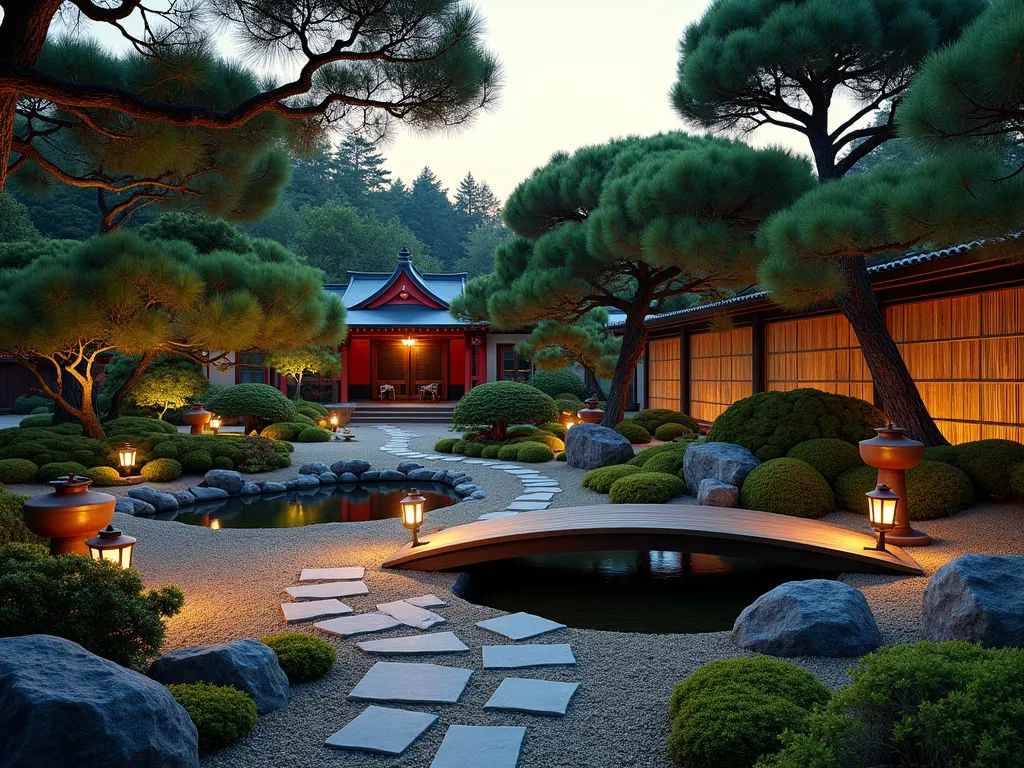 Serene Asian Pine Garden at Dusk - A DSLR wide-angle shot capturing a tranquil Asian-inspired garden at dusk, featuring meticulously shaped Japanese black pine trees as focal points. Stone lanterns cast warm glows along a winding gravel path, while bamboo screens create natural privacy barriers. A small wooden bridge crosses over a peaceful koi pond, reflecting the golden evening light. Traditional ornaments including ceramic vessels and bronze temple bells adorn the space. In the background, a red lacquered meditation pavilion nestles among carefully pruned niwaki pines. The foreground showcases moss gardens and strategically placed granite boulders, while Japanese maple trees provide subtle color accents. Shot at f/8 with natural lighting emphasizing the garden's peaceful ambiance and cultural authenticity.