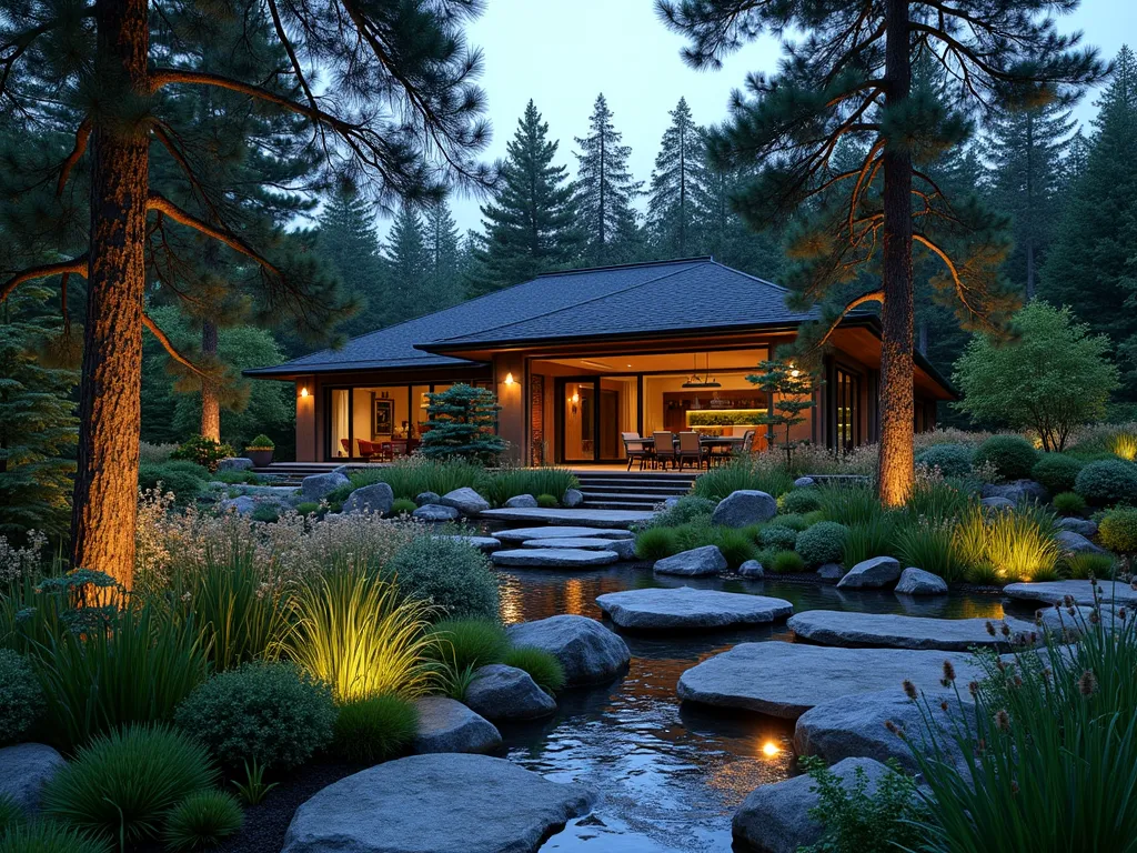 Sustainable Pine Rain Garden at Dusk - A serene wide-angle view of a naturalistic rain garden at dusk, centered around majestic Mugo pines and Japanese Black pines. The garden features gentle slopes and terraced pools collecting rainwater, with ornamental grasses swaying in the evening breeze. Stone paths wind through moisture-loving iris, ferns, and sedges, while strategically placed river rocks create natural drainage channels. Soft landscape lighting illuminates the pine trees from below, casting atmospheric shadows across the peaceful water features. The garden seamlessly integrates with a modern wooden deck in the background, creating an eco-friendly outdoor retreat with a mystical ambiance.