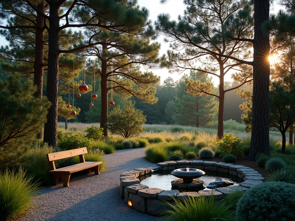 Tranquil Pine Tree Sound Garden at Dusk - A serene garden setting at dusk, photographed with a wide-angle lens capturing tall, majestic pine trees swaying gently in the evening breeze. Copper wind chimes hang elegantly from lower pine branches, while ornamental grasses like Maiden Hair and Blue Fescue create a soft rustling foreground. A natural stone water feature with multiple cascading levels provides a gentle soundtrack of flowing water. Soft landscape lighting illuminates the base of the pines, creating dramatic shadows on a curved gravel path. Japanese forest grass and low-growing junipers add texture beneath the pines. The scene is captured with golden hour lighting filtering through the pine needles, creating a magical atmosphere with bokeh effects in the background. A wooden bench nestled among the pines offers a peaceful viewing spot. Shot with DSLR at f/8, ISO 100, 1/125, emphasizing the interplay of light and shadow in this sound-focused garden design.