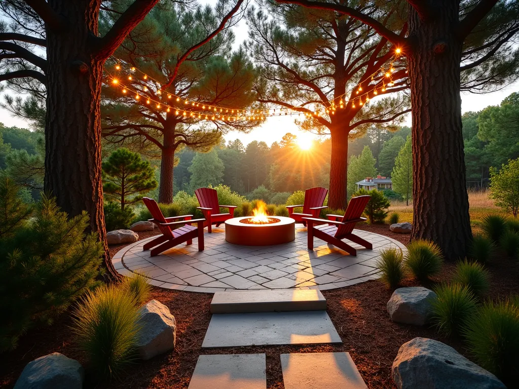 Twilight Pine Tree Grotto Retreat - A serene wide-angle DSLR photograph of an intimate garden grotto nestled beneath majestic 50-foot pine trees, captured during golden hour. A circular flagstone patio forms the heart of the space, featuring a modern copper fire pit surrounded by four deep-seated Adirondack chairs with plush cushions. Warm LED string lights weave through the lower pine branches, creating a magical canopy effect. Natural stone steps lead to the grotto, bordered by low-growing juniper shrubs and ornamental grasses. Scattered pine needles create a natural carpet around the edges, while strategic uplighting on the pine trunks casts dramatic shadows. The golden sunset filtering through the pine branches creates a dappled light effect across the scene, f/8, ISO 100, 1/125s exposure.