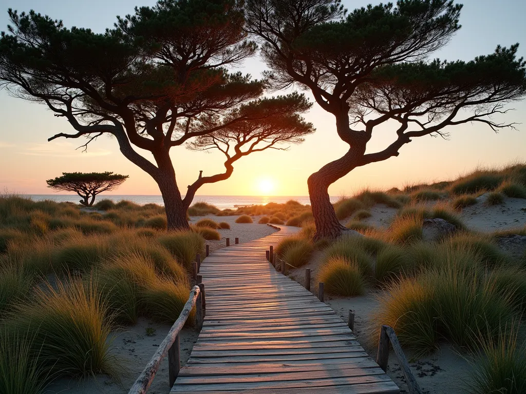 Windswept Coastal Pine Garden at Sunset - A serene coastal garden at golden hour, featuring majestic wind-sculpted pine trees with twisted branches against a warm sunset sky. A weathered wooden boardwalk winds through coastal dune grasses and maritime plants, complemented by natural sandy pathways. Tufts of beach grass catch the evening light, while scattered driftwood elements and weathered posts add authentic coastal character. Shot with a wide-angle perspective, the composition captures the expansive seaside atmosphere with natural depth and dramatic shadows. 16-35mm lens, f/2.8, ISO 400, photographed during magic hour with soft, golden backlighting.