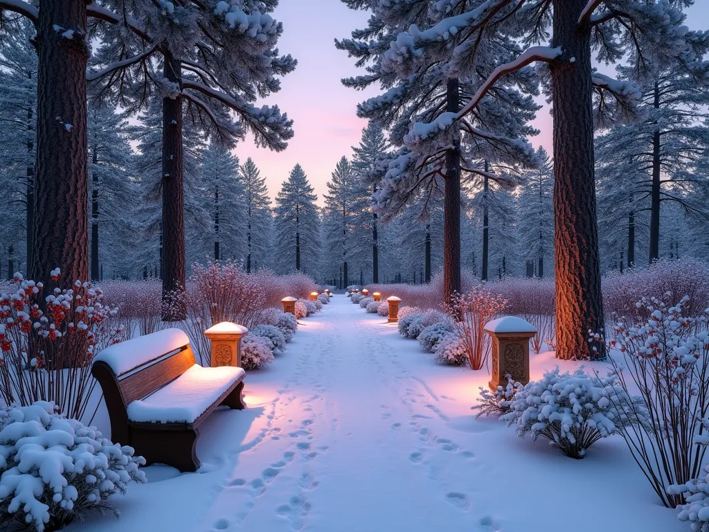 Serene Winter Pine Garden at Dusk - A captivating wide-angle shot of a snow-covered garden at dusk, featuring majestic Eastern White Pines with their textured bark dusted in snow. The garden path winds through clusters of winterberry holly bushes laden with bright red berries. Japanese Forest Grass and ornamental grasses peek through the snow, creating graceful structural elements. Stone lanterns cast a warm glow on the pristine snow, highlighting the architectural branches of the pines. In the foreground, a rustic wooden bench is partially covered in snow, while copper garden sculptures add artistic interest. The setting sun creates long shadows across the unblemished snow, emphasizing the dramatic silhouettes of the pine trees against a purple-blue winter sky.