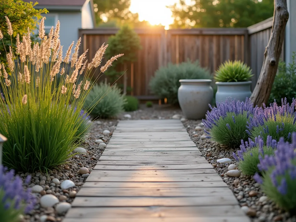 Coastal Pocket Garden Retreat - A cozy pocket garden with a coastal theme, shot during golden hour. A weathered wooden boardwalk winds through ornamental beach grasses and lavender, leading to a small sitting area. Natural beach pebbles line the path, while strategically placed driftwood pieces serve as sculptural elements. Sea thrift and blue fescue grass sway in the foreground, with weathered ceramic pots containing succulents in the background. Scattered seashells and a vintage ship's lantern add authentic maritime touches. Shot with shallow depth of field focusing on the textural interplay between the wooden elements and coastal plants, capturing the warm evening light filtering through the grasses. The intimate space is photographed from a low angle to emphasize the garden's vertical elements and create a sense of discovery.