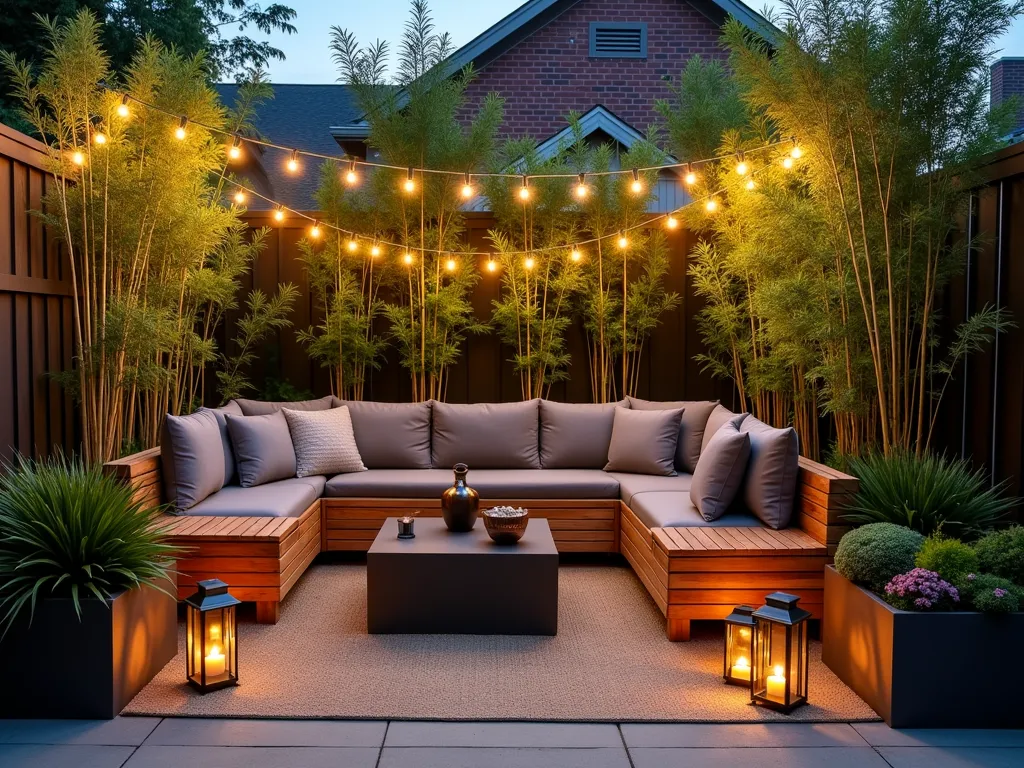 Cozy Outdoor Living Room Pocket Garden - A twilight photograph of an intimate outdoor living space nestled within a small urban garden, captured with a wide-angle lens. Custom-built wooden bench seating with plush weather-resistant gray cushions wraps around a corner, accompanied by two modern bronze side tables. Soft LED string lights draped overhead create a warm ambiance, while tall, elegant bamboo plants provide natural privacy screening along the boundaries. Strategic uplighting illuminates the bamboo, casting gentle shadows. Container gardens featuring ornamental grasses, Japanese forest grass, and compact flowering perennials add layers of texture. The space is anchored by a natural fiber outdoor rug and includes scattered copper lanterns for additional atmospheric lighting. The composition shows the seamless transition between indoor and outdoor living, photographed from a slightly elevated angle to capture the entire arrangement. Professional DSLR shot at f/8, ISO 100, 1/125 sec, emphasizing the rich textures and warm evening lighting.