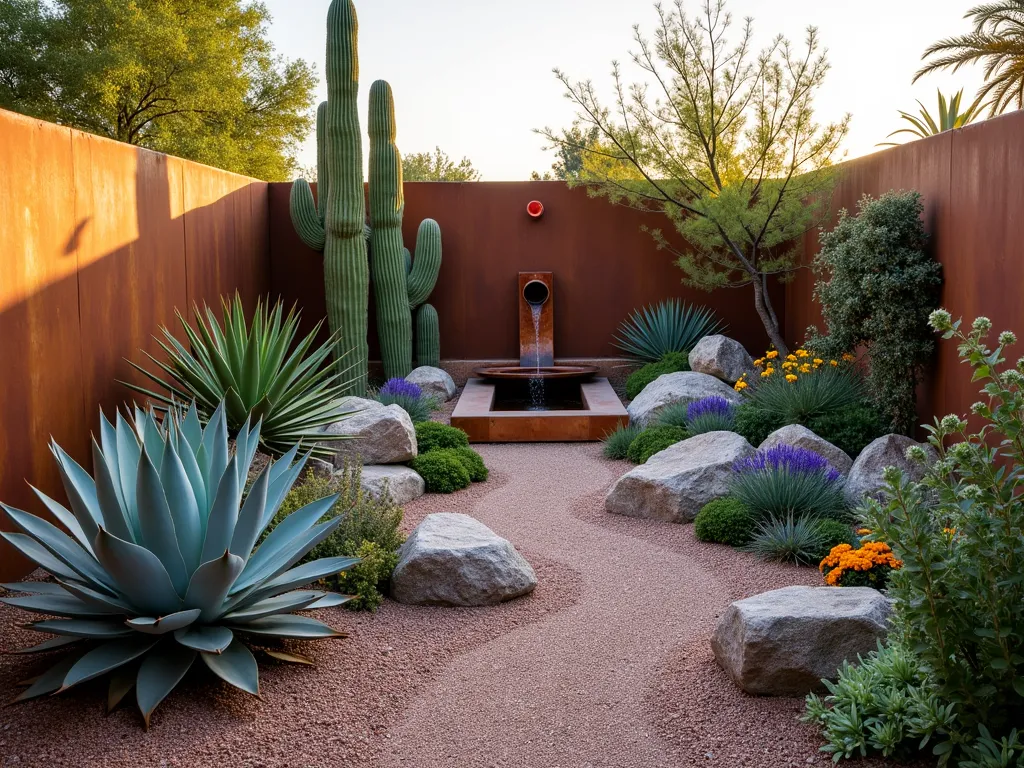 Sunset Desert Pocket Garden Oasis - A stunning intimate pocket garden at golden hour, featuring a harmonious arrangement of sculptural succulents and desert plants. In the foreground, a magnificent blue agave takes center stage, its silvery-blue leaves catching the warm light. Behind it, tall saguaro and barrel cacti create dramatic vertical elements. The space is artfully divided by meandering crushed desert rose gravel paths, punctuated by strategically placed weathered granite boulders. A patinated copper water feature provides a focal point, its gentle trickle creating a peaceful atmosphere. Desert marigolds and purple verbena add splashes of color among the rocks. The garden is bordered by a rustic corten steel retaining wall, its rich orange-brown patina complementing the desert palette. Low voltage lighting casts dramatic shadows across the textured landscape as the sun sets, creating a magical southwestern ambiance.